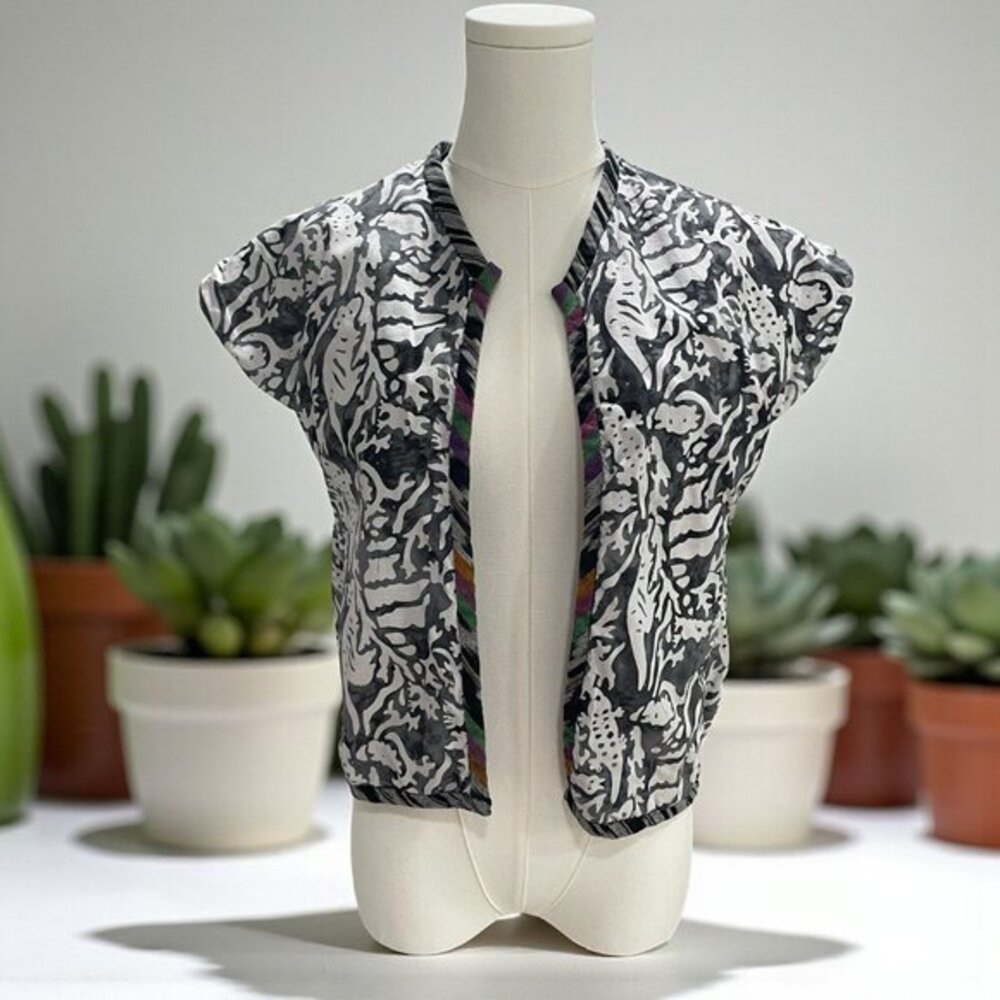 Handmade Reversible Vest Ikat Stripe Tribal Pattern Blk White Animal Print Boho